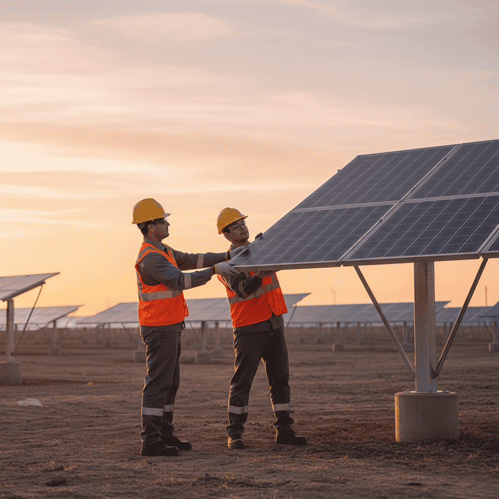 Técnicos realizando una instalación de paneles solares en Chile en un parque fotovoltaico al atardecer.
